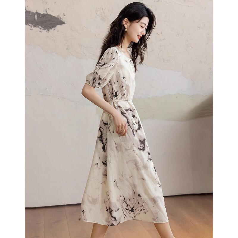 Demana New Chinese Style Printed Puff Sleeve Midi Dress