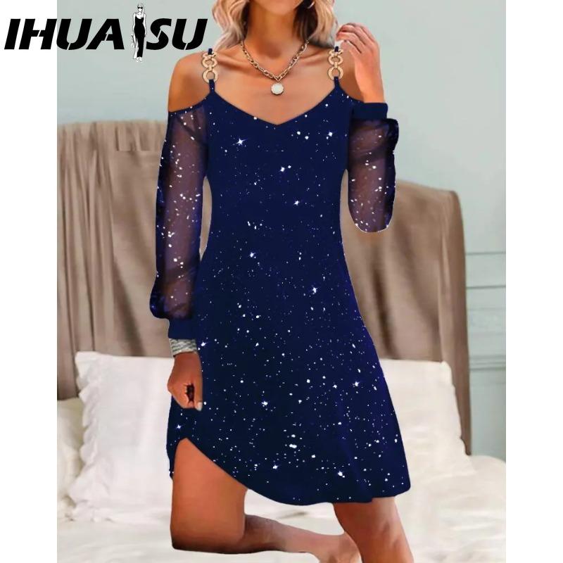 IHUASU Vestidos casuales de cintura alta con escote en V y manga larga con estampado de colores sólidos para primavera y otoño para mujer