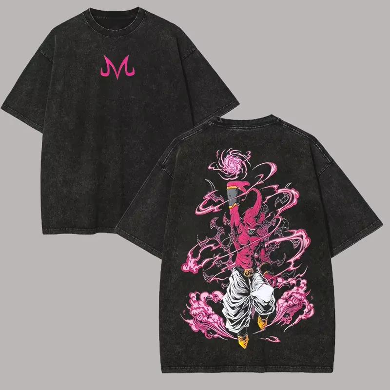 T Shirt Dragon Ball Z Anime Men Vintage Acid Wash Summer Cotton Majin M Logo Pink Graphic Double Sided Tees  New M