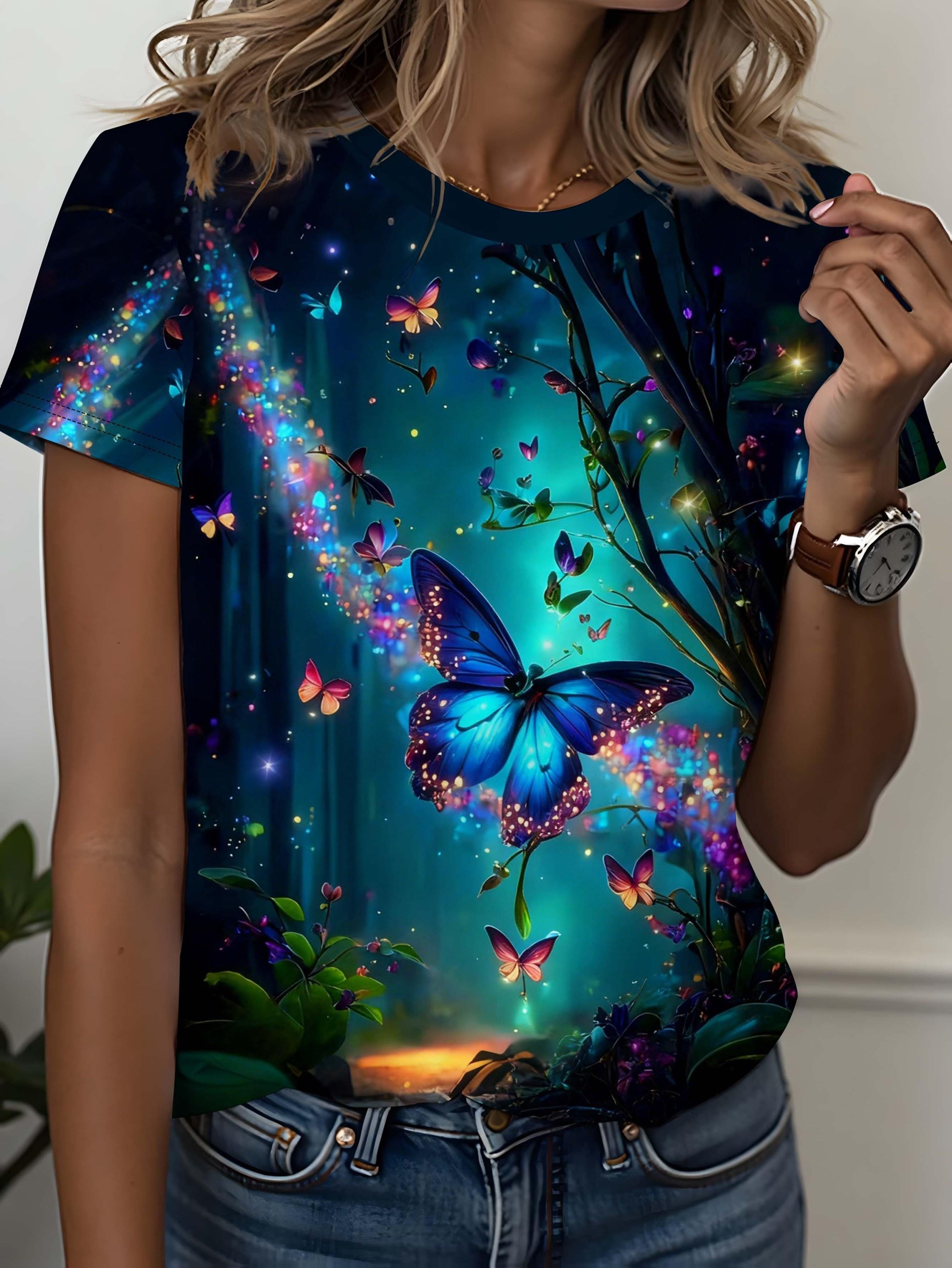 

Branded Women s Clothing. All-over Printed T-shirt Featuring a ;glowing Butterfly in a Fantasy Forest; Design. Fun Design. Suitable for Casual Casual 3XL дубильна кора