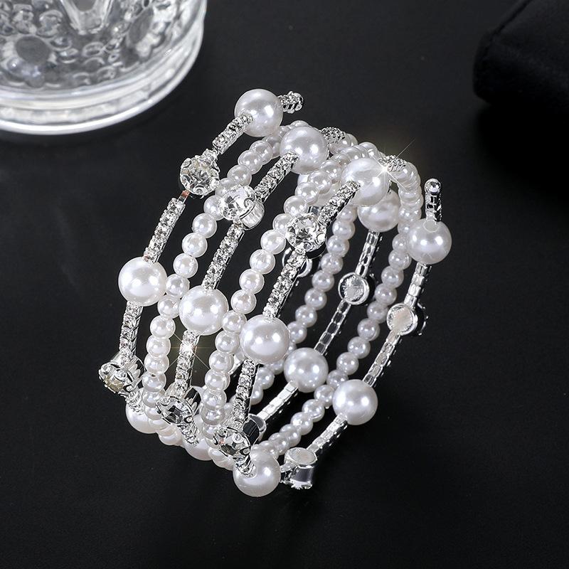 Multilayer Wrapped Elastic Bracelet 3 Rows Rhinestone Pearl Bracelet Bride Full Diamond Bracelet Women