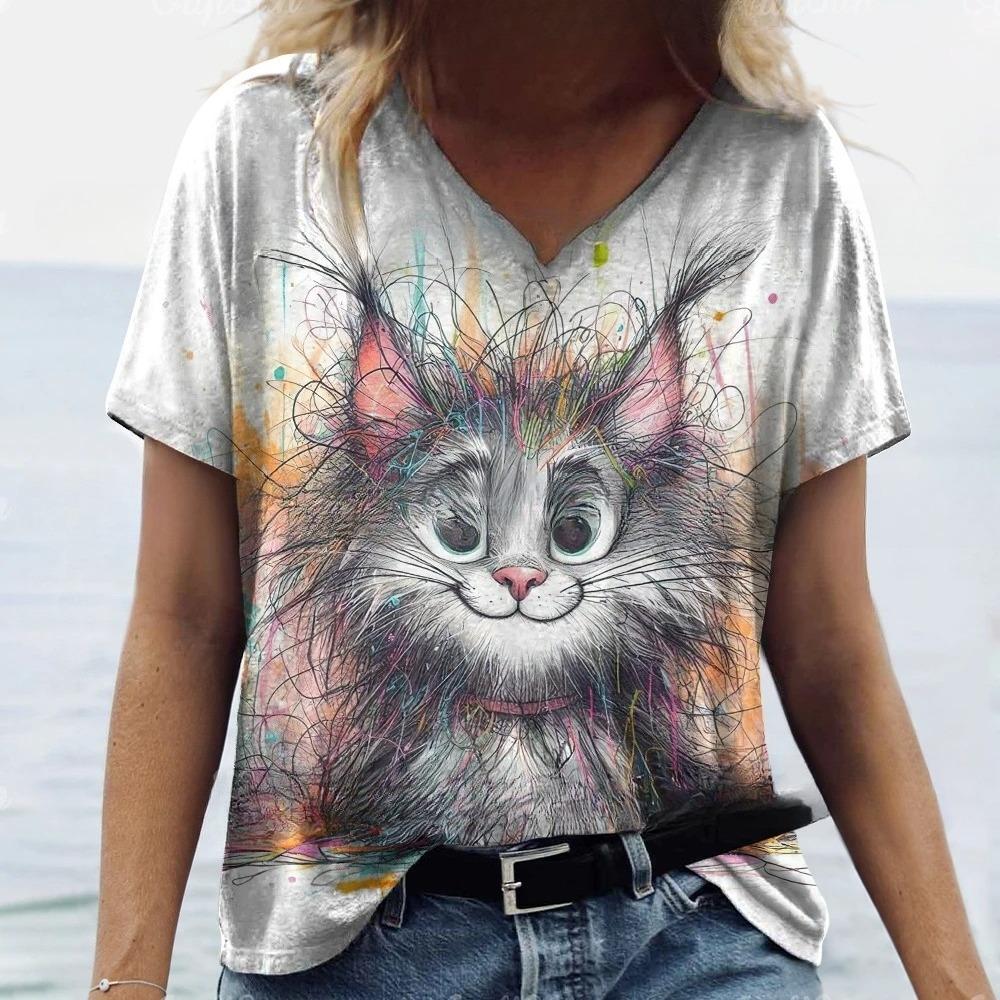 T-Shirts Women's Fashion T-Shirt Cat Print Casual Comfort Short Sleeve Crew Neck Pullover Clothing