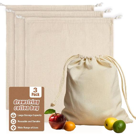 Cotton Storage Bags With Drawstrings - Rainflow 3 Pack 15x17 Inch Reble Produce Bags Cotton Produce Bags Washable Muslin Storage Bags for Fruit Onion