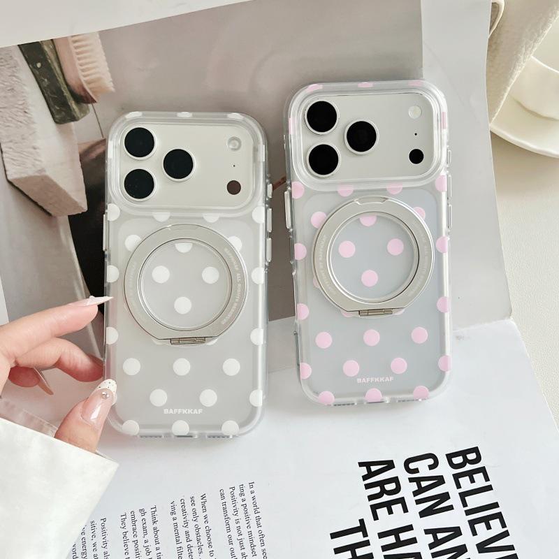 Simple White & Pink Polka Dot 360° Bracket for Apple 17 Pro Max, 16 Pro Max, 15 Pro - Double Layer Protection