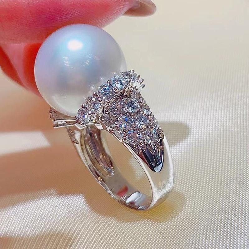 Trendy Big Imitation Pearl Cubic Zirconia Rings for Women Gorgeous Engagement Wedding Bands Accessories Jewelry Birthday Gifts