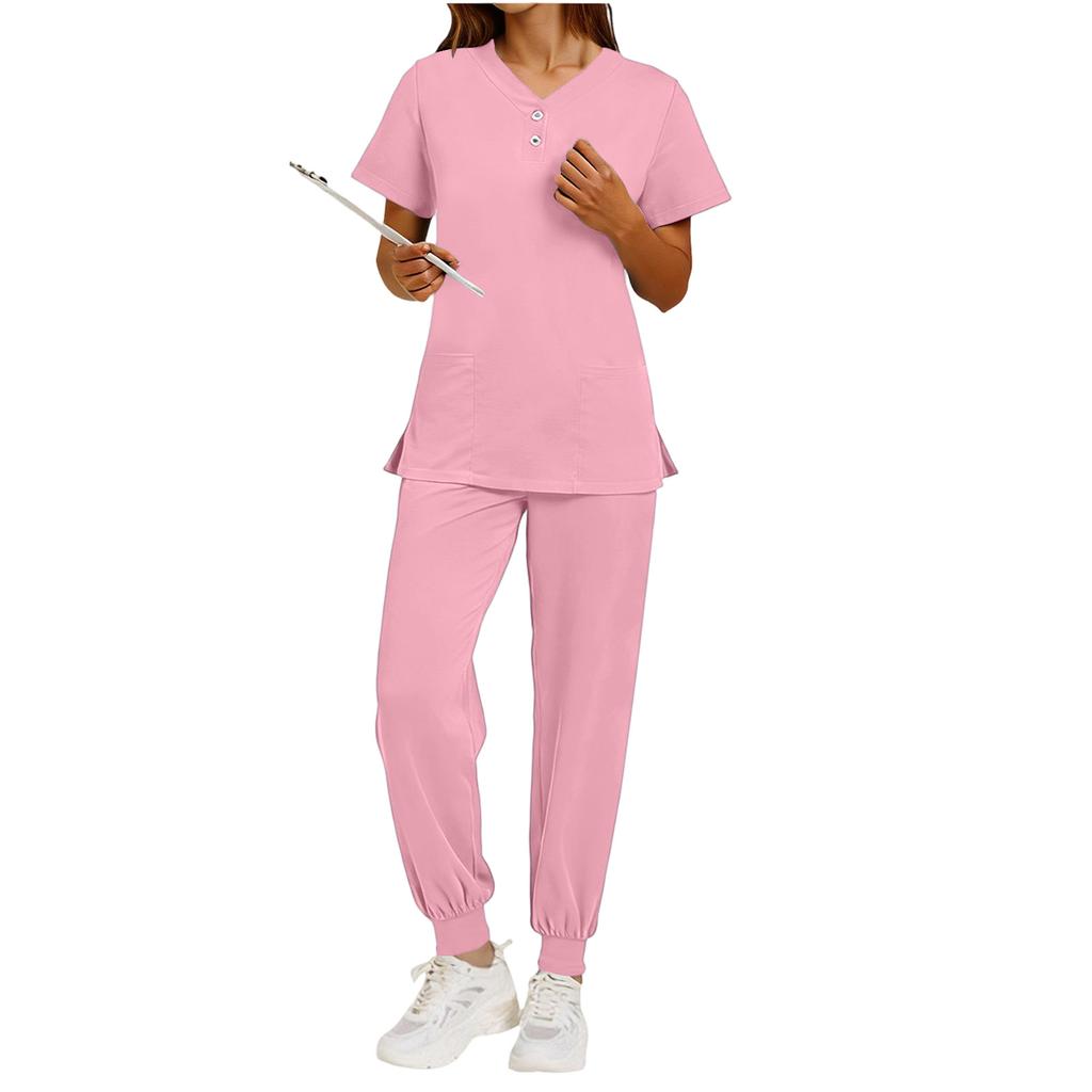 Nursing Scrub Set Women Quick Dry Fabric V Neck Short Sleeve Top with Pockets and Elastic Waist Long Pants Medical Uniform Workwear Set