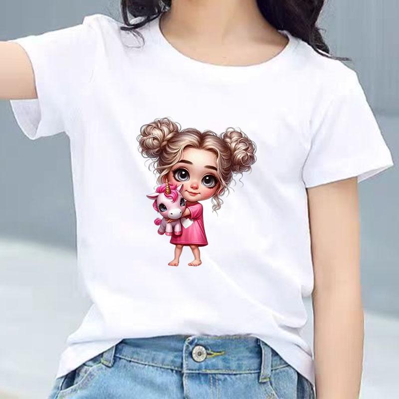 Kids Cotton T Shirt Adorable Girl With Pink Unicorn Print Crew Neck Short Sleeve Tee Casual Boys Girls Summer Tops