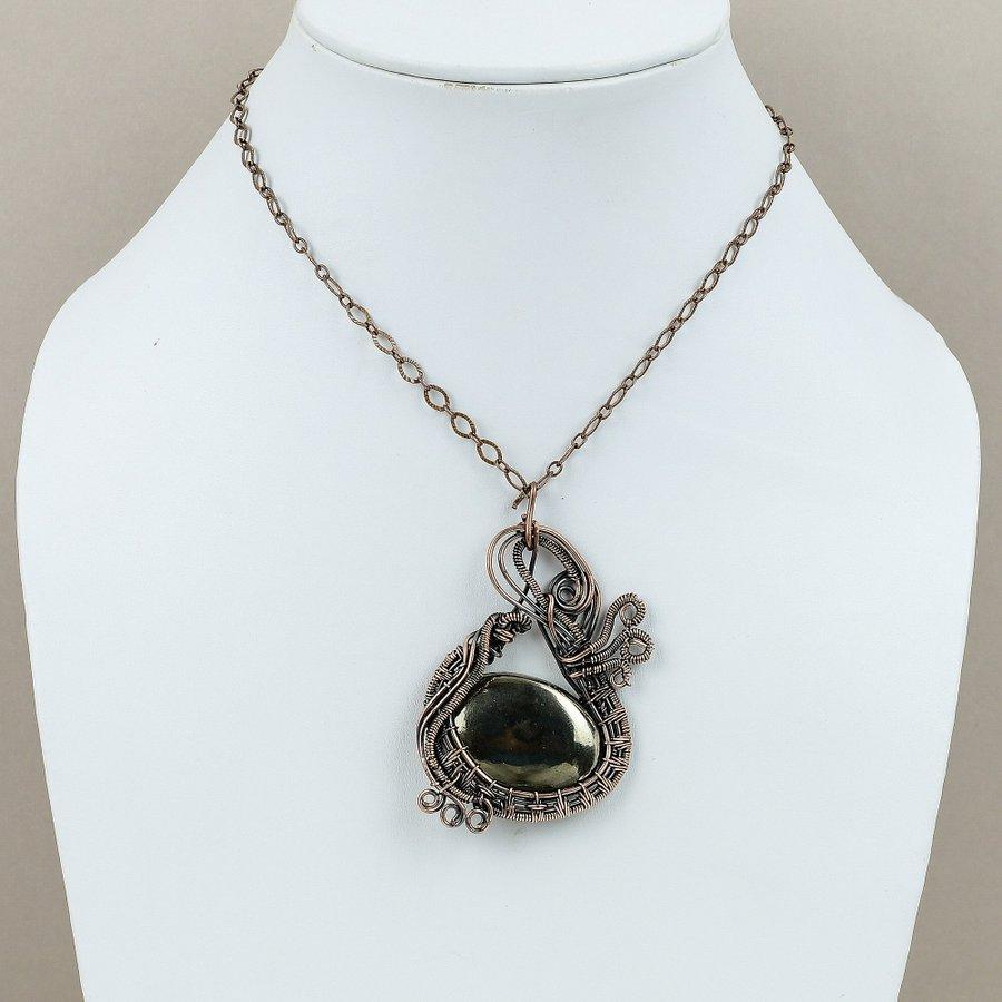 Natural Pyrite Agate Gemstone Handmade Copper Wire Wrap Pendant 2.76" F0I28