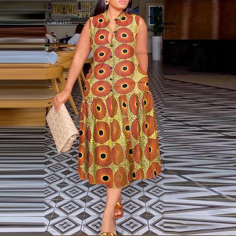 

Женское повседневное свободное платье без рукавов с воротником-стойкой и принтом больших размеров M оранжевый