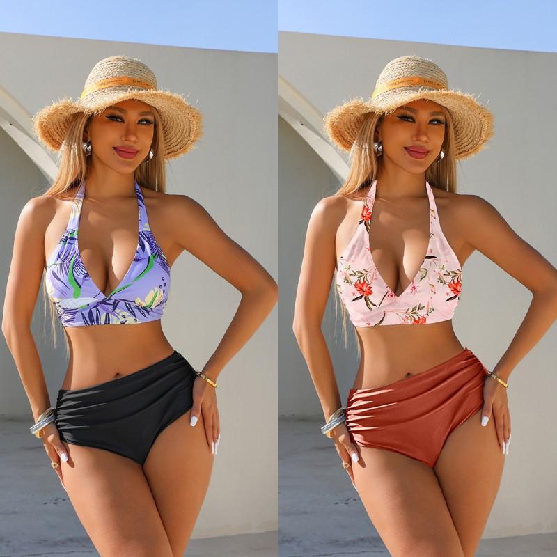 Split Bikini Swimsuit Women Tight Sexy Lace High Waist Print