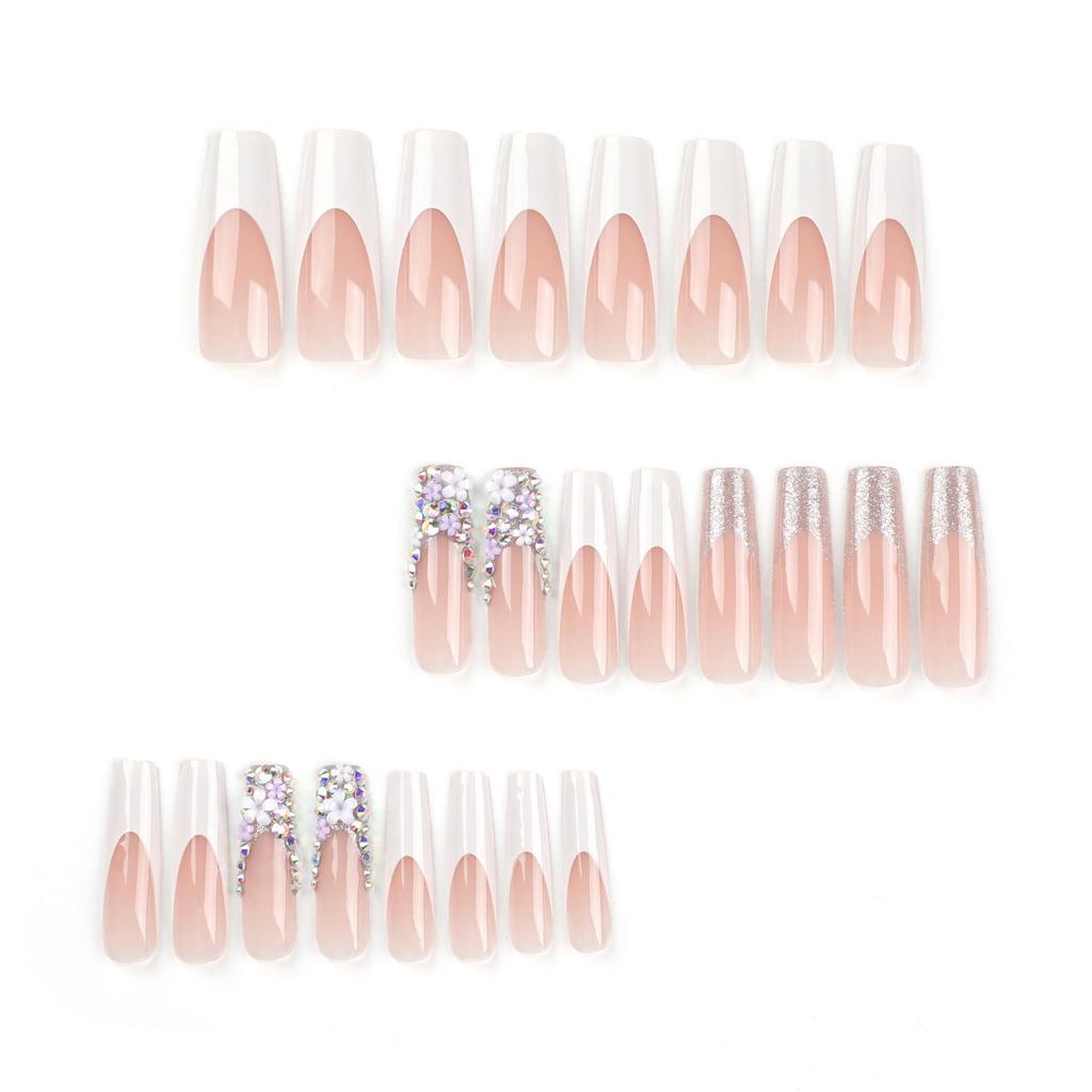 French White Edge Ultra-Long Nails with Rhinestones - European & American Style Manicure Tips