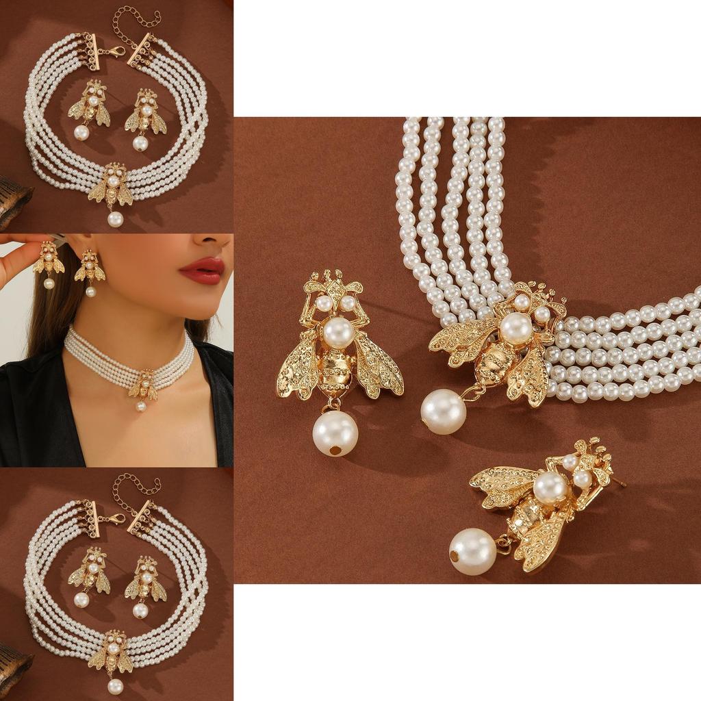 Gold Animal Jewelry Set Featuring Small Bee Pendant And Pearl Earrings For Women
