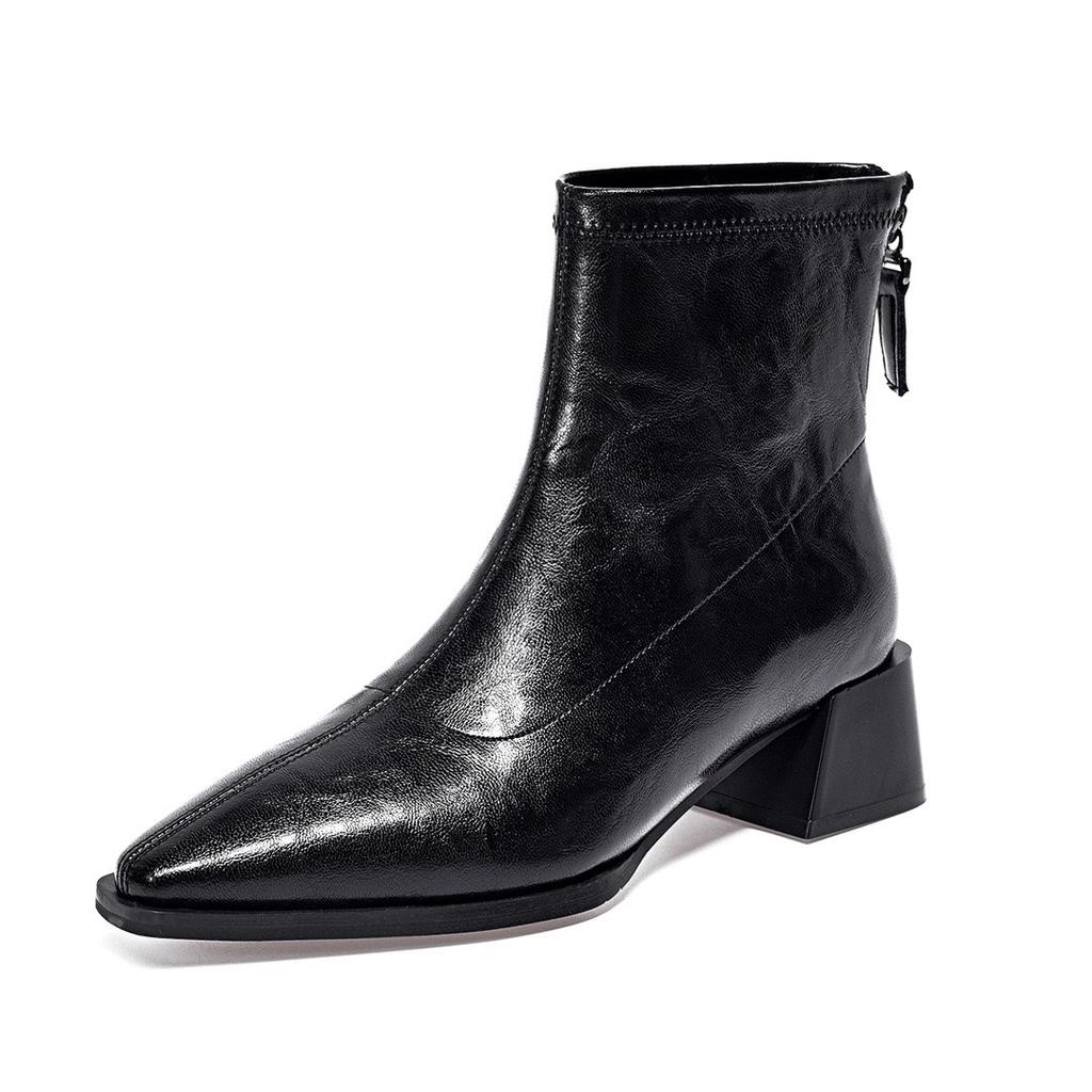 Pointed Short Boots Straight Boots Women's Simple Temperament Rear Zipper Leather Boots High Heel Chelsea Boots