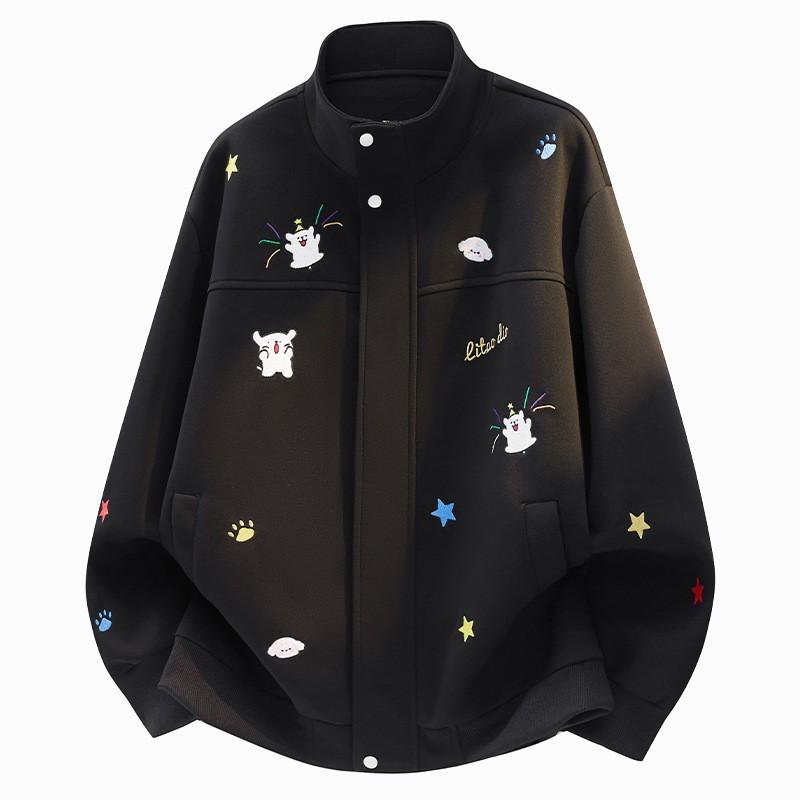 Cartoon Dog Embroidered Stand Collar Sweatshirt Unisex Loose Casual Cardigan Youth