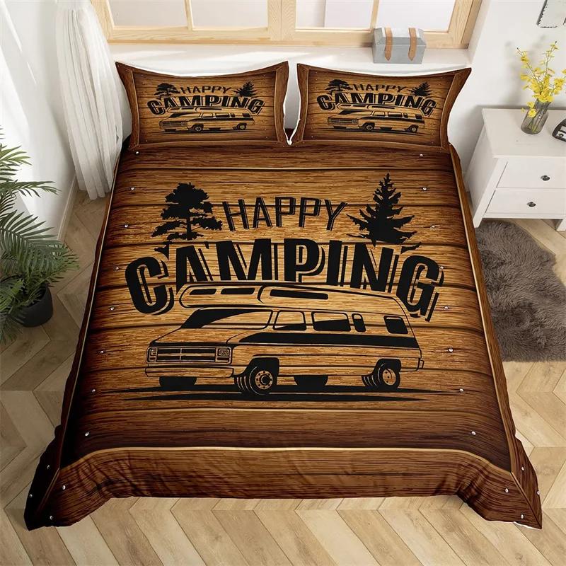 Happy Camping Duvet Cover Queen Full Twin King Camper Theme Comforter Cover With 2 Pillowcase Rustic Farmhouse Style Bedding Set