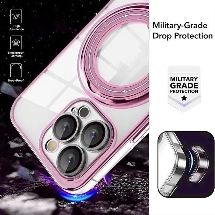 Coque Silicone Transparent pour iPhone 16 Pro Max avec Support Magnétique - Protection Antichoc Rose