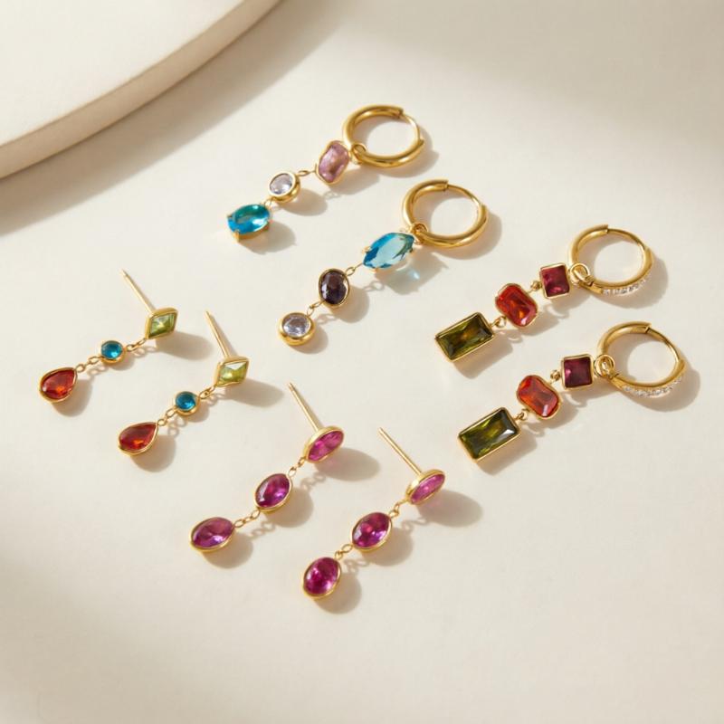 Elegant Multicolor Geometric Zircon Drop Earrings For Women Gold Plated Stainless Steel Earrings Fashion Jewelry Gift