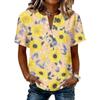 Damen Henley-Hals Knopfleiste Kurzarm Baumwolle Leinen Hemd mit Sonnenblumen-Print Lässige Lockere Passform Bluse Top