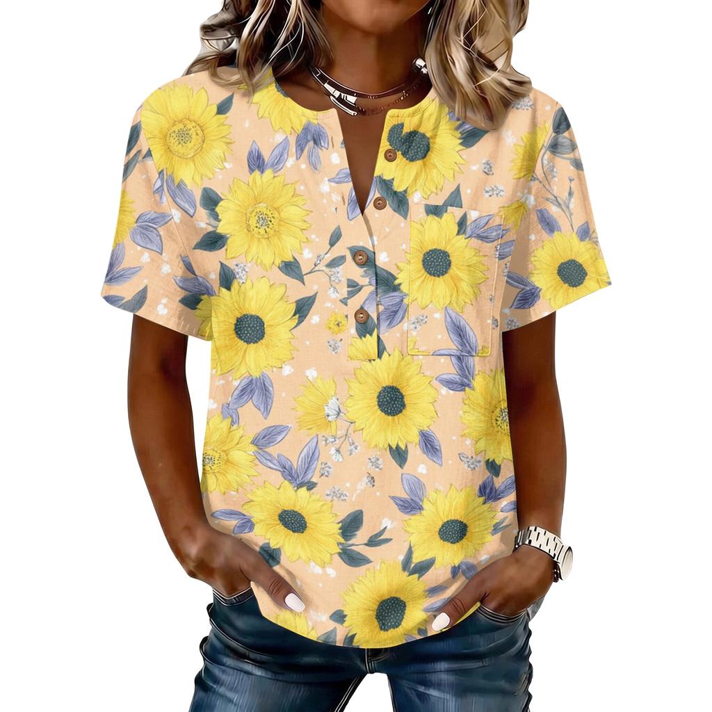 Damen Henley-Hals Knopfleiste Kurzarm Baumwolle Leinen Hemd mit Sonnenblumen-Print Lässige Lockere Passform Bluse Top