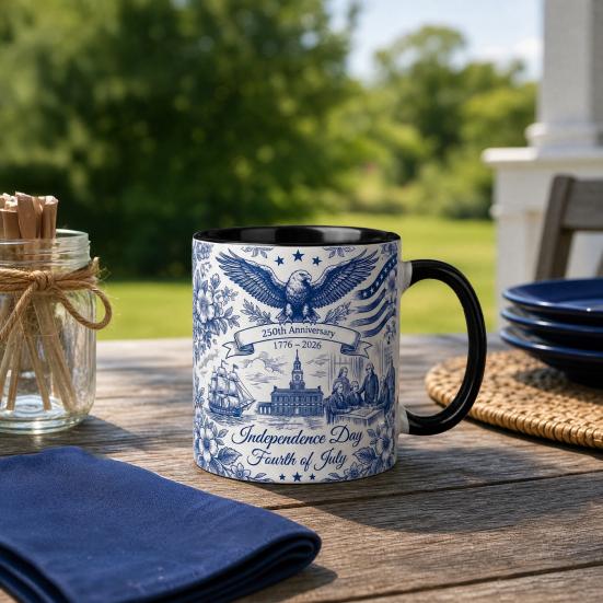Yousheng USA 250th Anniversary Blue Mug, Patriotic Ceramic Coffee Cup with Eagle Flag Design, Independence Day Gift for Veterans Men Women