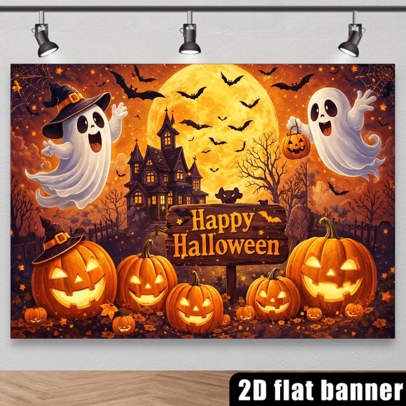2D planar Halloween-themed background fabric with a glowing pumpkin lantern ghost and tombstone in the center the picture.zyc