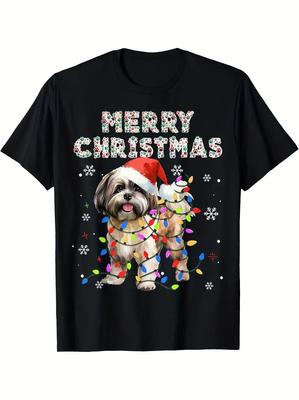 Noel Baba Şapkası ve Mutlu Yıllar Işıkları Grafik Tişörtlü Shih Tzu Köpeği S-5XL Q7458