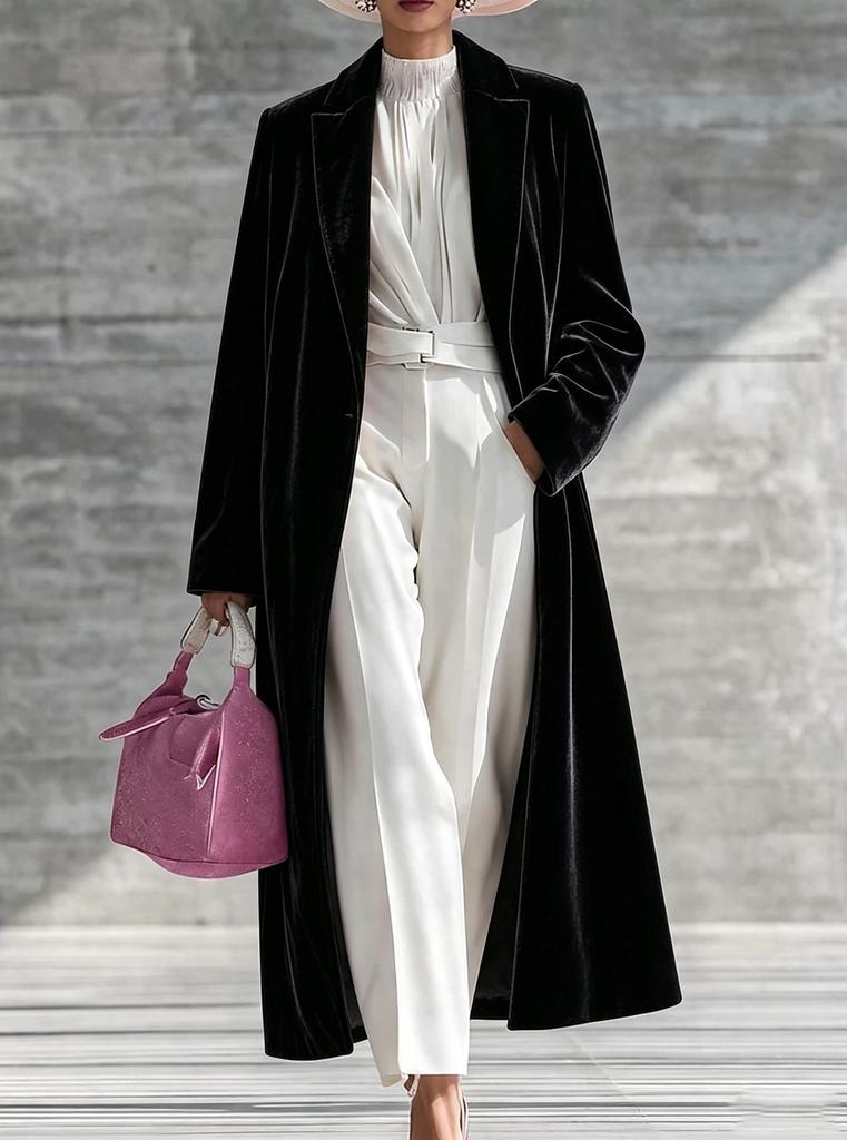 Autunno e Inverno, Popolare Cappotto Lungo in Velluto Dorato da Donna Giacca in Velluto con Revers High-End Sopra il Ginocchio