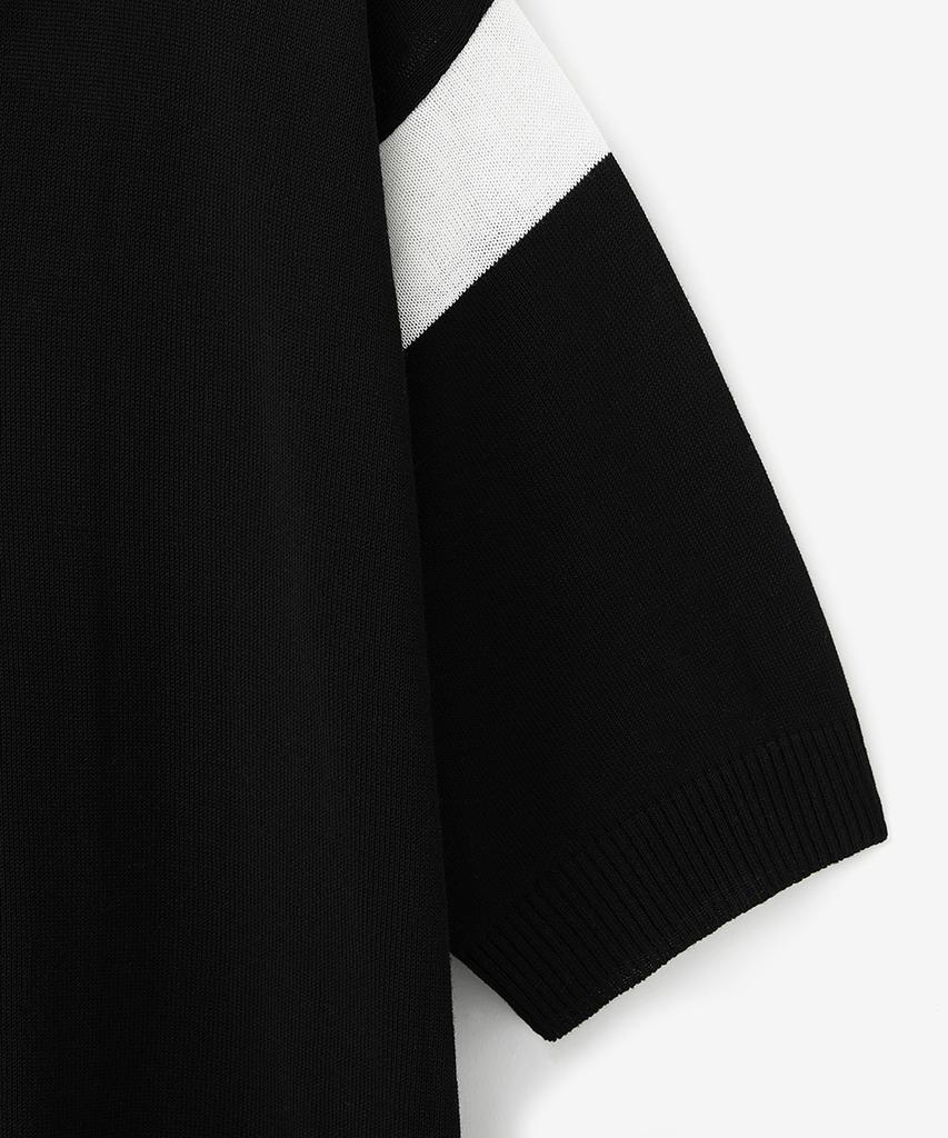 BLOND9 Cotton Varsity Open Collar Short Sleeve Knit_Black