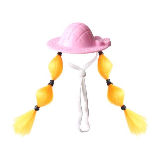 Small Pet Sun Hat Hamster Hat with Double Braids Elastic Strap Adjustable Hat with Wig for Budgies Parrots Roosters Guinea Pigs