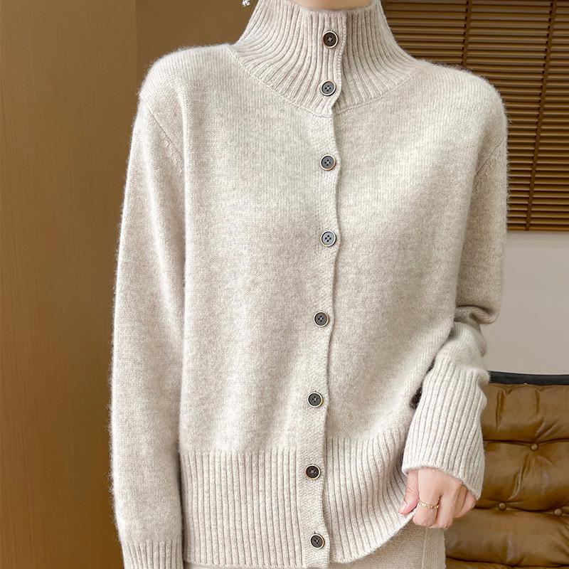Seven-Needle Stand-Up Collar Cashmere Cardigan: Warm, Simple Solid Color, Versatile Age-Reducing Knitted Sweater.