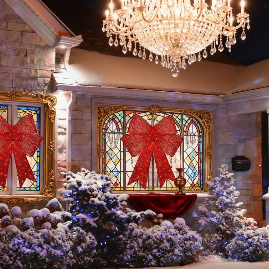 LED Christmas Bow Decoration Outdoor Holiday Yard Decor with Red Lights Timer-controlled Holiday Bow Lights