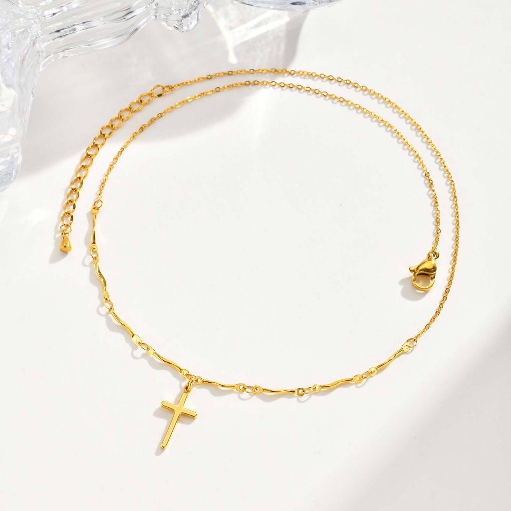 Ladies Fashion Stainless Steel Wave Chain Cross Necklace 18K Gold Versatile Jewelry Nc-2300