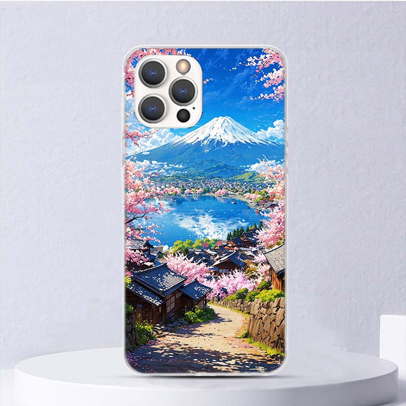 Japanese Cherry Mount Fuji Soft Case For iPhone 16 17 Air 16E 15 Plus 11 12 13 Mini 14 Pro Max Phone Cover Apple 7 8 SE Coque Fu