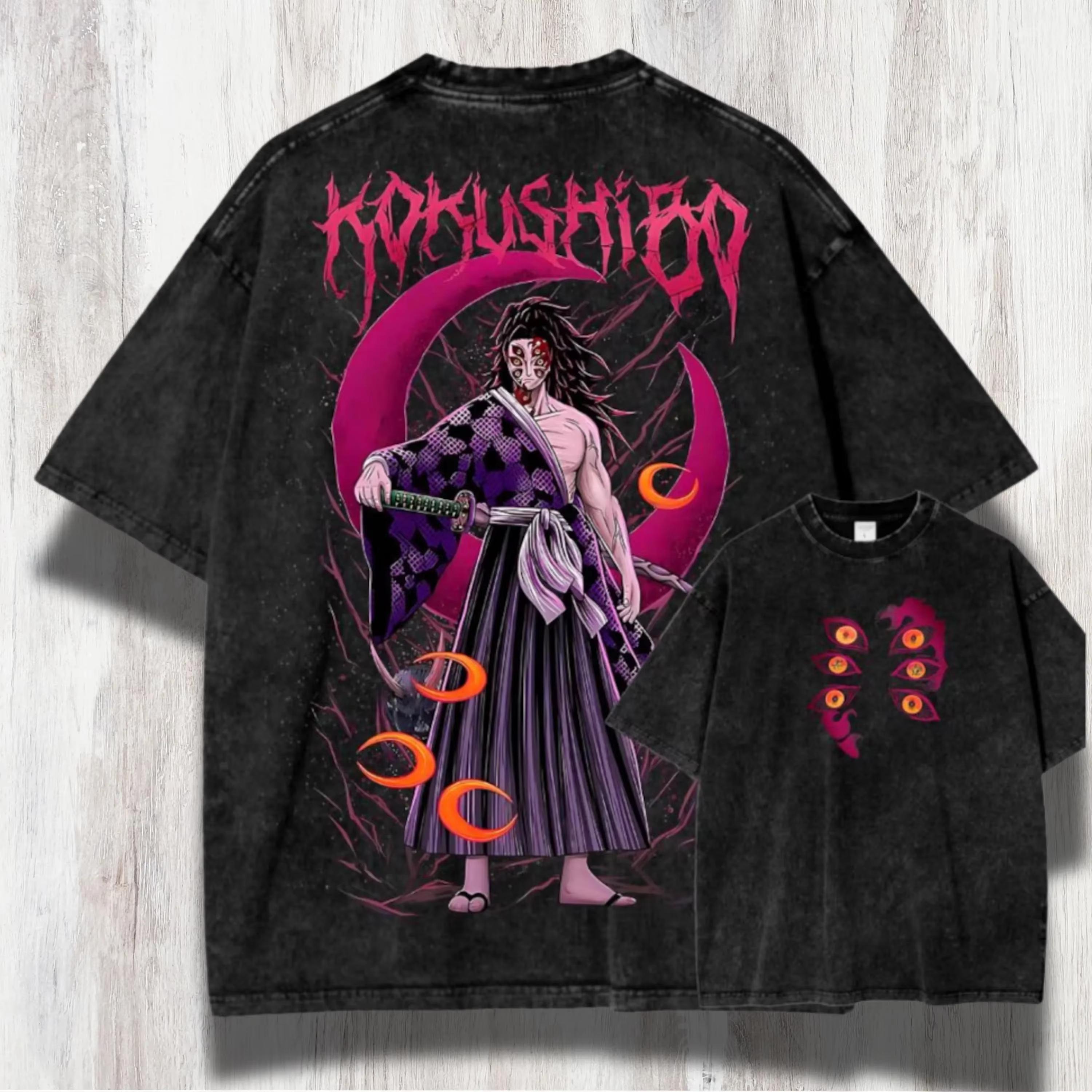 Vintage Washed Black Dead Mou Ghost Slayer Team T-shirt Large Anime Pattern T-shirt  Demon Slayer Blade Streetwear S