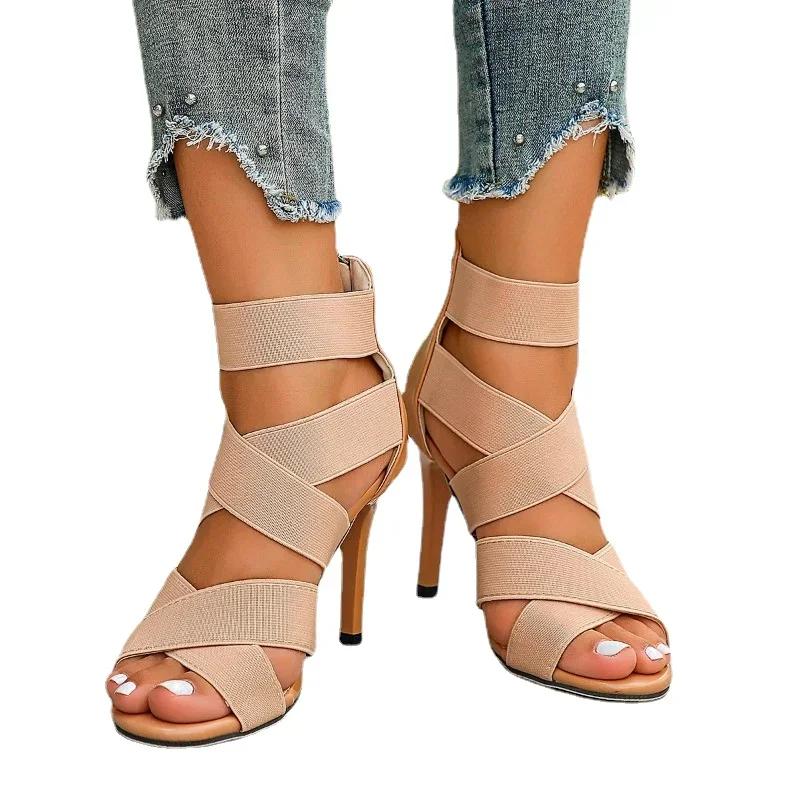 Fashion 2024 High Quality Women's Shoes Back Zip Women's Sandals Fashion Cover Heel Office and Career New Solid Peep Toe Heeled Sandals