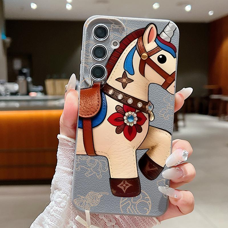 Vintage Lucky Golden Horse Case For Samsung S26 S25 S24 Ultra S23 S22 S21 FE A15 A16 A17 A35 A36 A37 A54 A55 A56 A57 5G Leather Texture Soft Cover