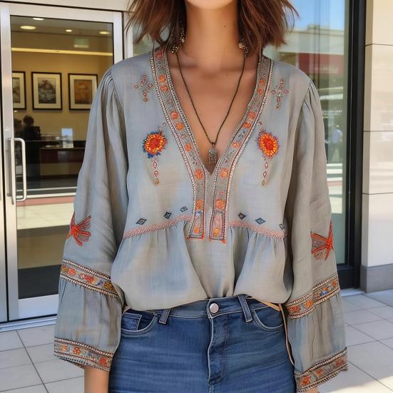 Women Tops Deep V Neckline Dropped Shoulder Sleeve Curved Hem Blouse Casual Layering Shirt