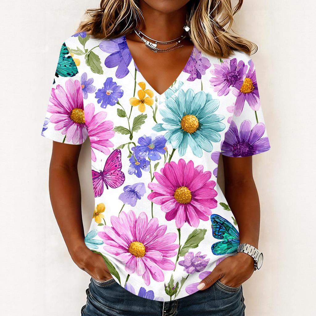 Women's fashionable casual short-sleeved floral print V-neck pullover top