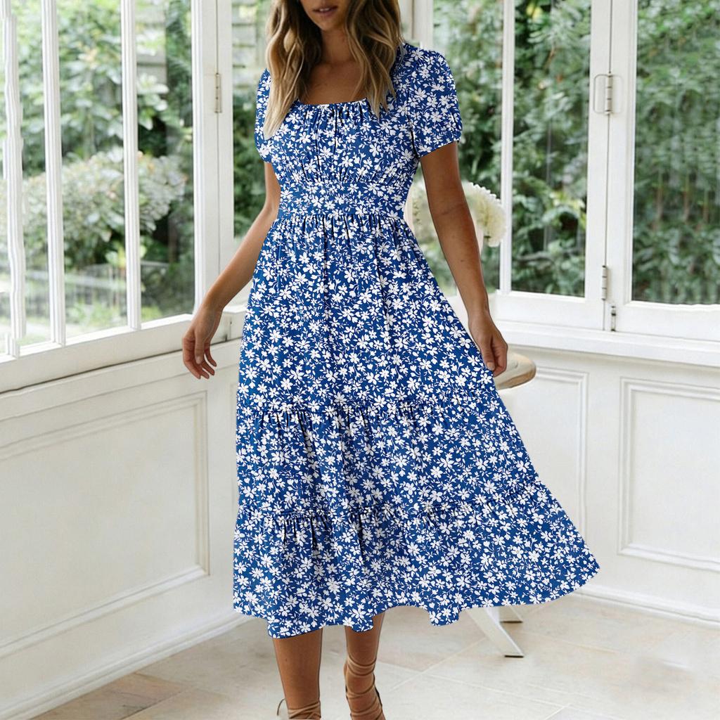 Abito Lungo Casual alla Moda da Donna con Scollo Quadrato, Maniche a Sbuffo, Stampa Floreale, Leggero Abito Midi Estivo con Vita Elastica e Gonna a Balze
