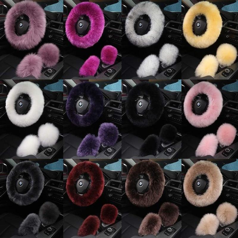 3Pcs Set Fashion Fluffy Fuzzy Wool Fur Soft Car Steering Wheel Cover with Handbrake Cover and Gear Shift Cover for Women Girls