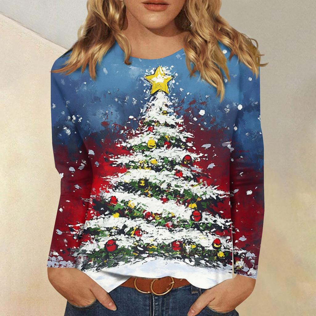 Damenmode, lässig, langärmelig, weihnachtlich bedruckt, Rundhals-T-Shirt