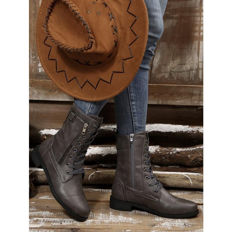 Women's Plus Size Mid-Calf Martin Boots New Autumn Winter Block Heel Lace Up Leather Ankle Boots with Side Zip