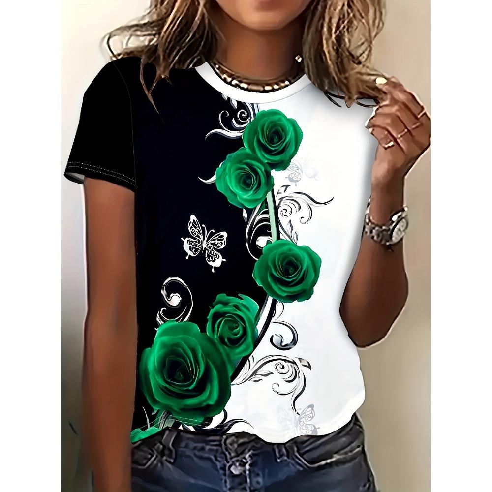 Women's Fashion Oil Floral Pattern Fashion Short Sleeve Round Neck Top Casual