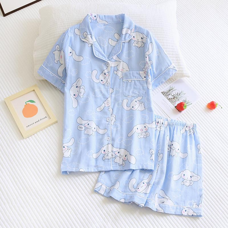 Japonská jednoduchá krátká pyžama dámská 100% bavlna krátké rukávy dámské pyžamové soupravy šortky Roztomilé kreslené oblečení na spaní dámské domácí oblečení