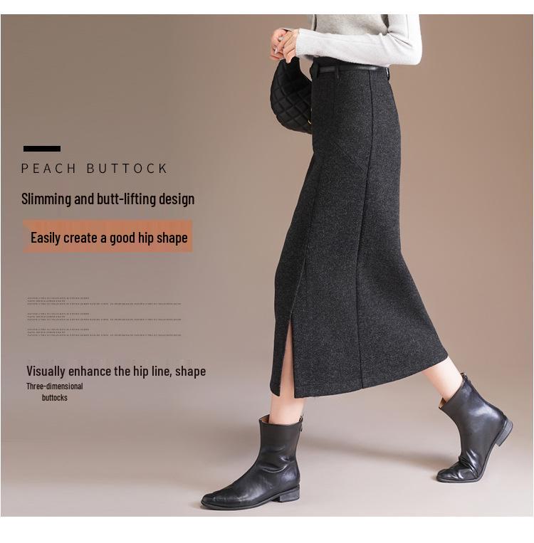 Damen Midirock in A-Linie aus dicker Wolle, Grau - Winterstyle 2025, Stilvoller Schlitz