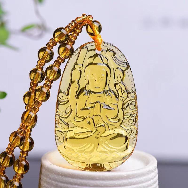 Yellow Crystal Necklace Long Sweater Chain Manjushri Pendant Amitabha Pendant Unisex Gift