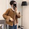 Korean Style Women's Short Winter Fleece-Lined Leather Jacket with Lambswool
