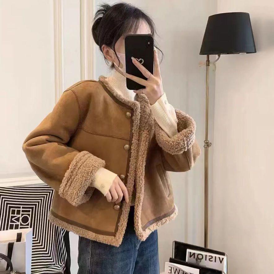 Korean Style Women's Short Winter Fleece-Lined Leather Jacket with Lambswool