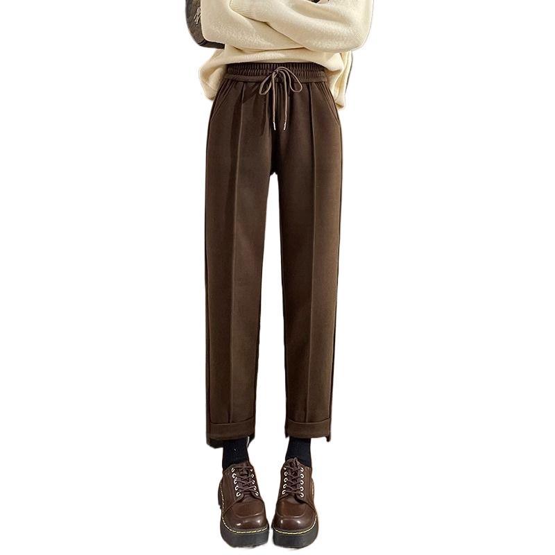 Woolen High-Waist Fleece-Lined Slimming Cigarette Pants, Autumn/Winter, Elastic Waist, Cropped Loose Fit