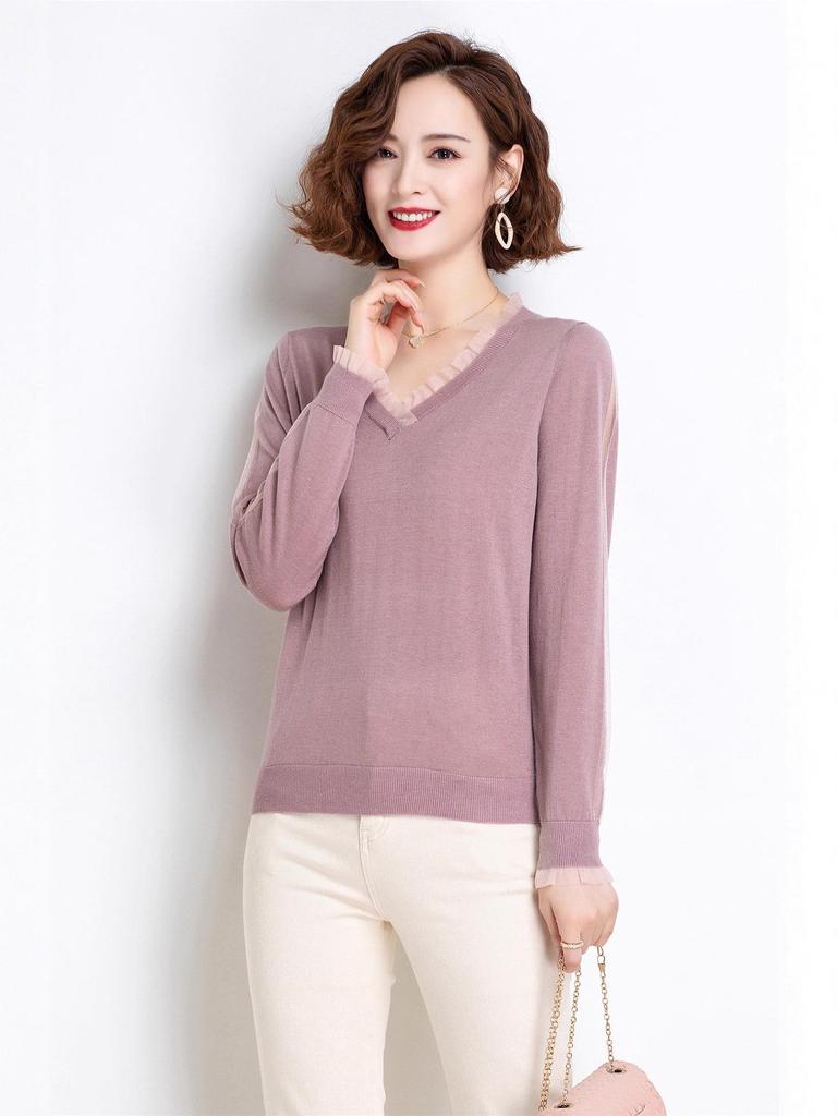 Women's Minimalist Wool V-Neck Long Sleeve Sweater - Autumn/Winter Slimming Base Layer Top